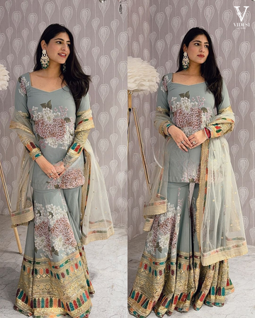 Celia Embroidered Sequined Chinnon Silk Suit With Organza Dupatta