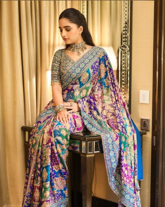 Clarissa Modern Digital Printed With Real Mirror Work Chinon Silk Saree