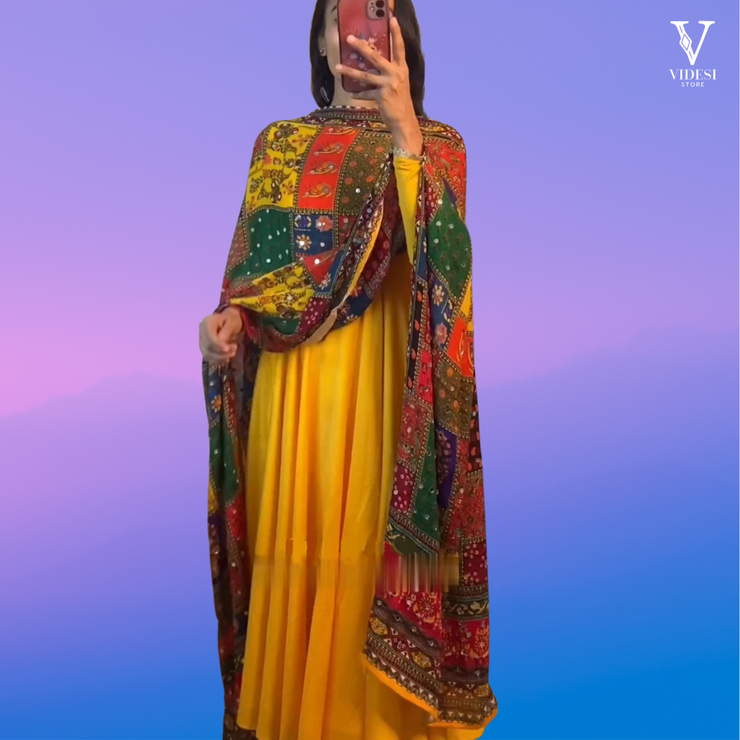 Claudia Vibrant Maliy Satin Gown With Digital Printed Chinon Silk Dupatta