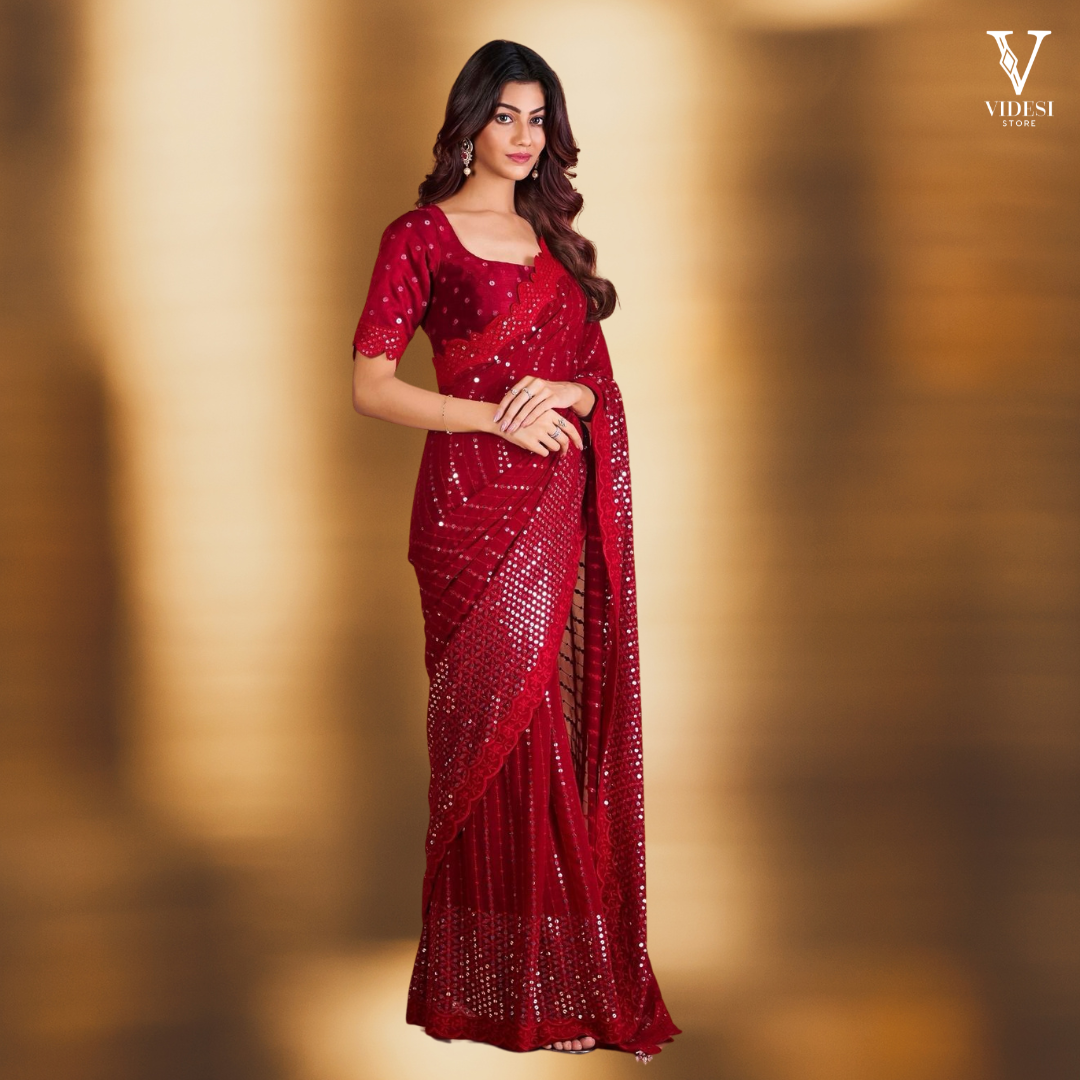 Czarina Passionate Red Sequined Embroidered Georgette Saree