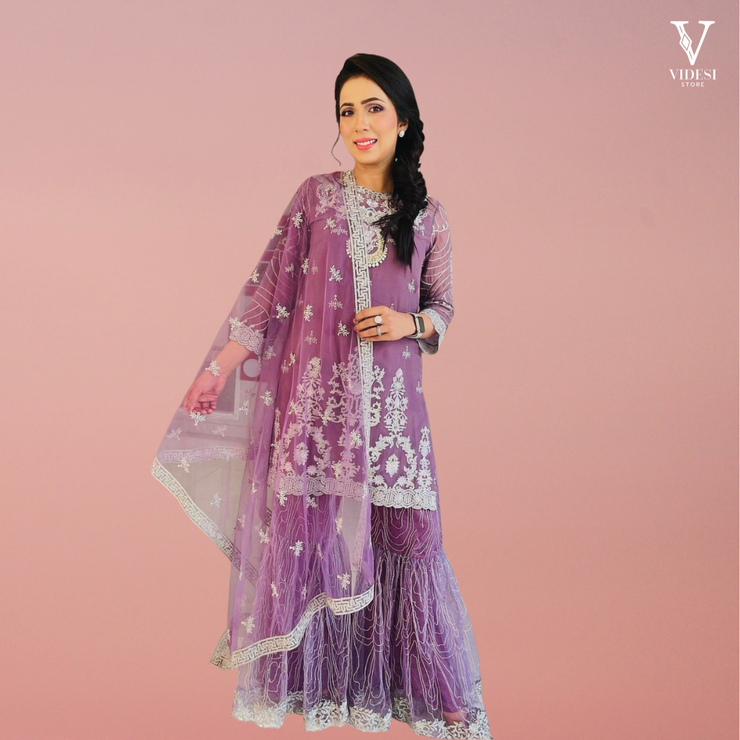 Daisy Serene Embroidered Soft Satin Net Suit With Dupatta