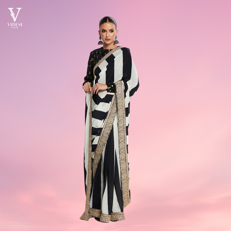 Dimitra Glamorous Embroidered Striped Viscose Crepe Silk Saree