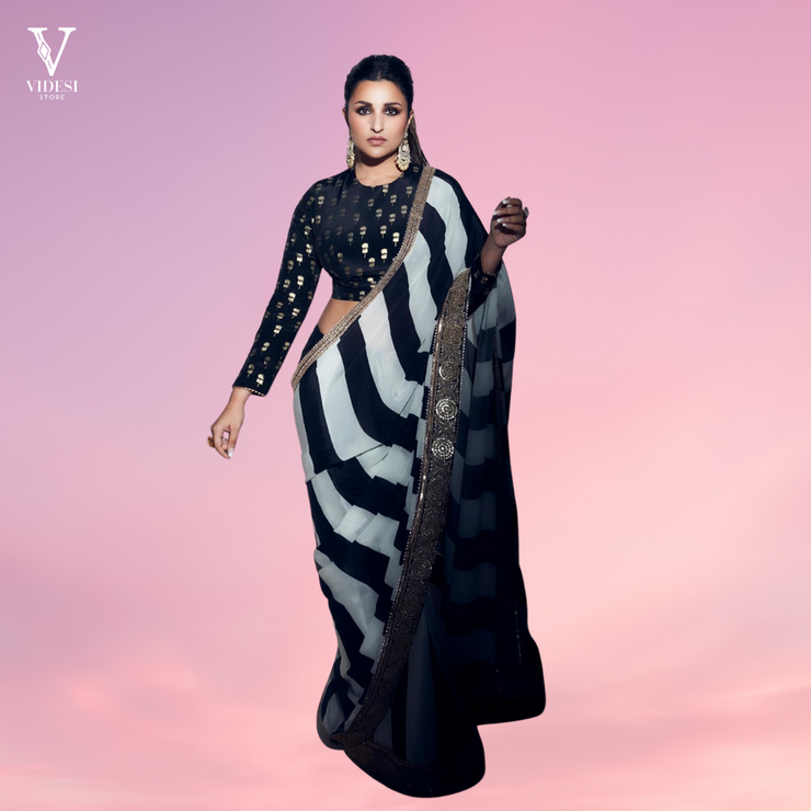 Dimitra Glamorous Embroidered Striped Viscose Crepe Silk Saree