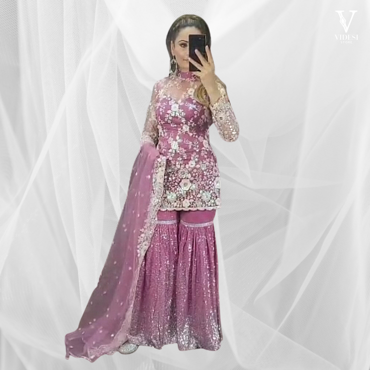 Elissa Flush Pink Heavy Net Embroidered Top with Georgette Palazzo with Dupatta