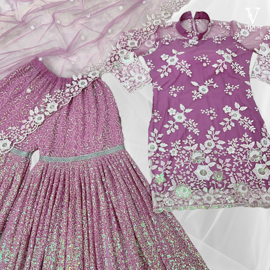 Elissa Flush Pink Heavy Net Embroidered Top with Georgette Palazzo with Dupatta