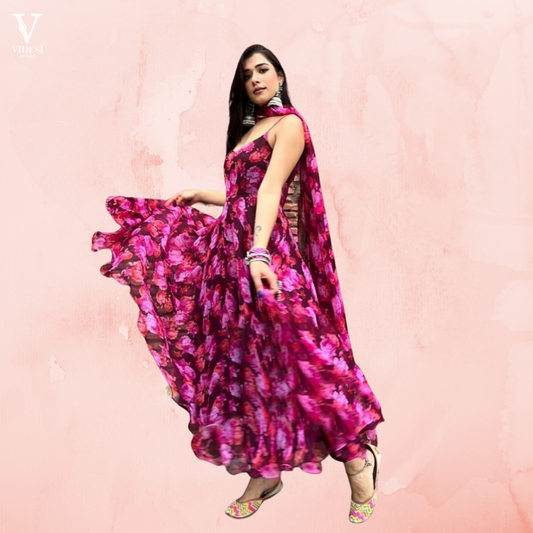 Eloisa Chic Dark Pink Digital Printed Georgette Gown