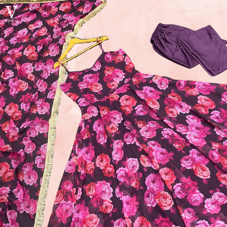 Eloisa Chic Dark Pink Digital Printed Georgette Top and American Silk Palazzo with Dupatta
