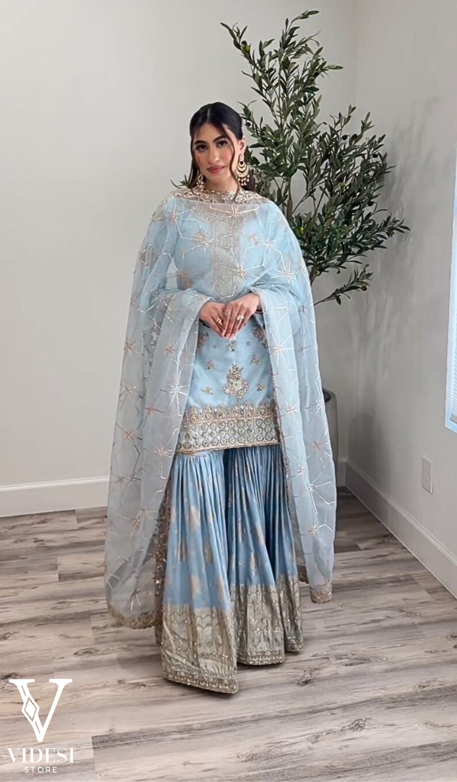 Elsa Sky Blue Heavy Embroidered Sequined Faux Georgette Suit