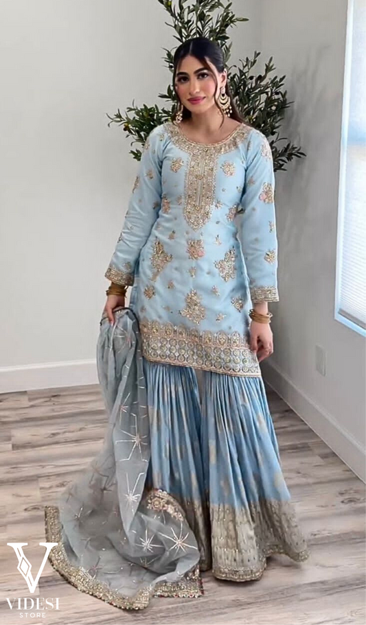 Elsa Sky Blue Heavy Embroidered Sequined Faux Georgette Suit