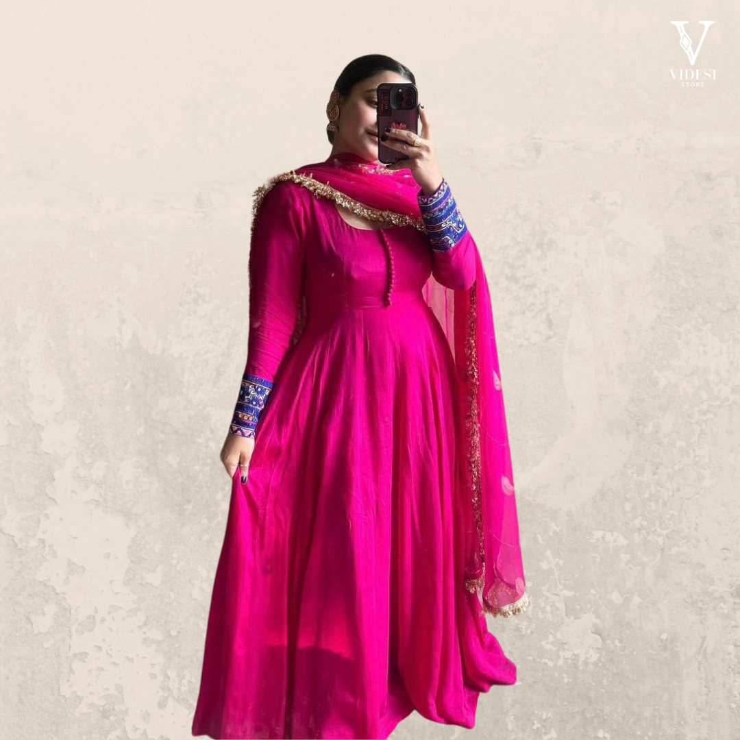 Eviana Vibrant Pink Heavy Faux Georgette With Gota Bodar Gown with Dupatta