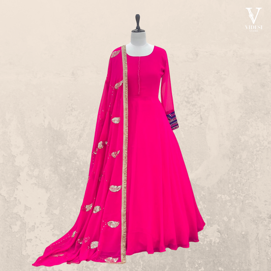 Eviana Vibrant Pink Heavy Faux Georgette With Gota Bodar Gown with Dupatta