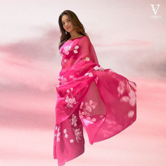 Evita Dreamy Hand Painted Hibiscus Rose On Pure Silk Organza Saree