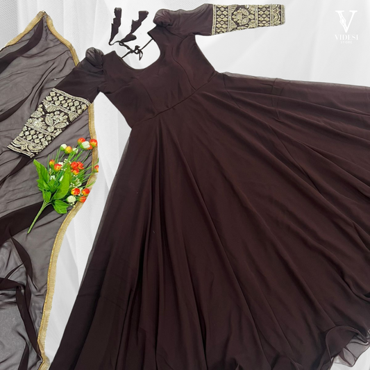 Flor Flowy Embroidered Heavy Faux Georgette Gown with Dupatta