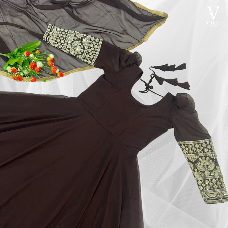 Flor Flowy Embroidered Heavy Faux Georgette Gown with Dupatta