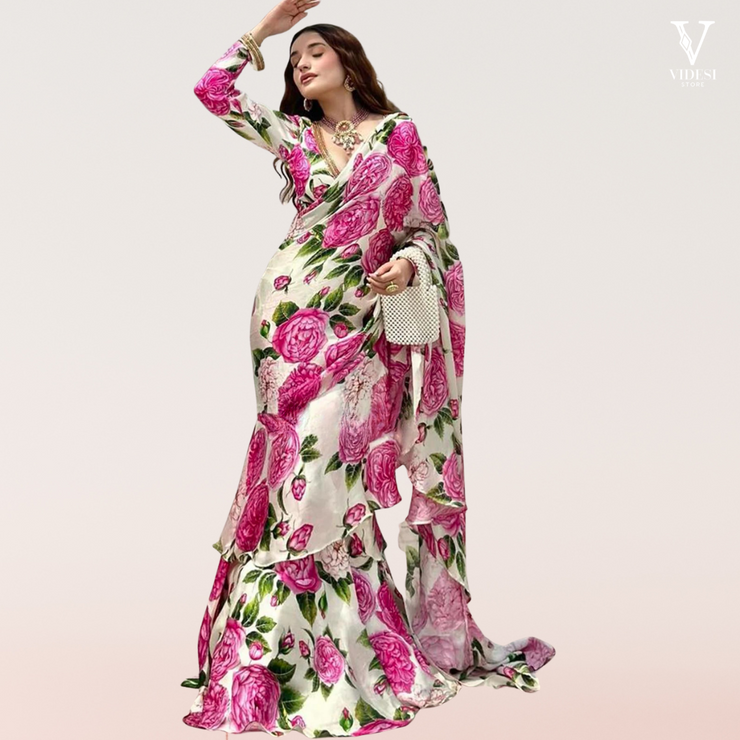Florence Digital Printed Ruffled Chinon Silk Saree With Attached Dupatta
