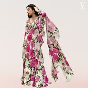 Florence Digital Printed Ruffled Chinon Silk Saree With Attached Dupatta