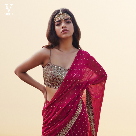 Florie Rosy Pink Embroidered Georgette With Real Mirror Hand Work Saree