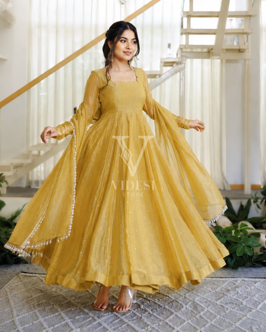 Gia Salsa Silk Foil Work Gown Set with Micro Cotton Pant & Lace Dupatta