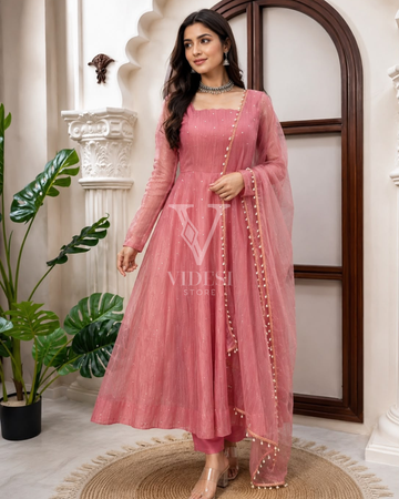 Gia Salsa Silk Foil Work Gown Set with Micro Cotton Pant & Lace Dupatta