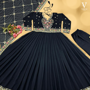 Hermosa Elegant Heavy Embroidered Faux Georgette Gown With Micro Cotton Pants