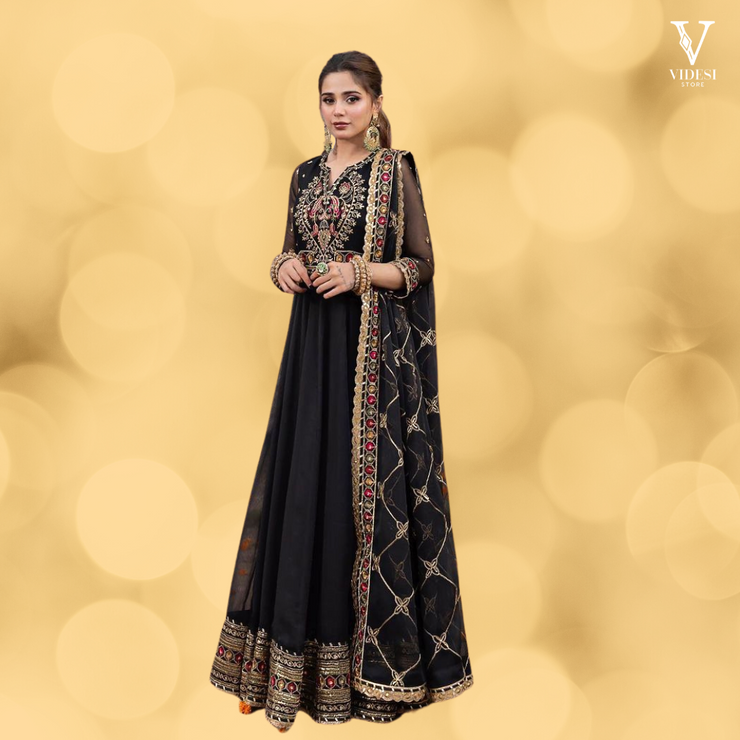 Hermosa Elegant Heavy Embroidered Faux Georgette Gown With Micro Cotton Pants
