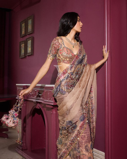 Irida Sand Colored Organza Hand Embroidered Saree