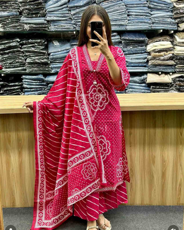 Isabella Pink Cotton Bandhani Printed Kurta Palazzo Set with Dupatta