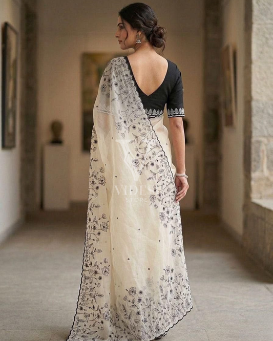 Isla Star Georgette Saree with Embroidery Work & Contrast Blouse