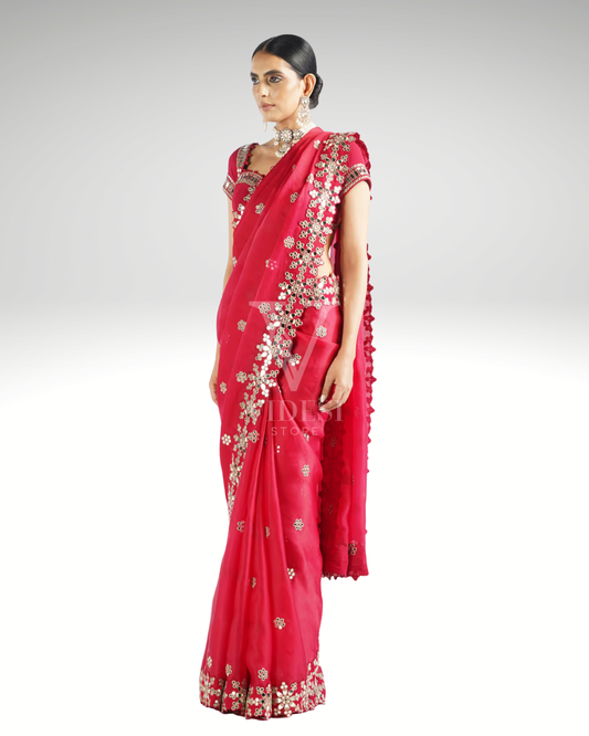 Ismini Classic Red Georgette Mirror Work Saree