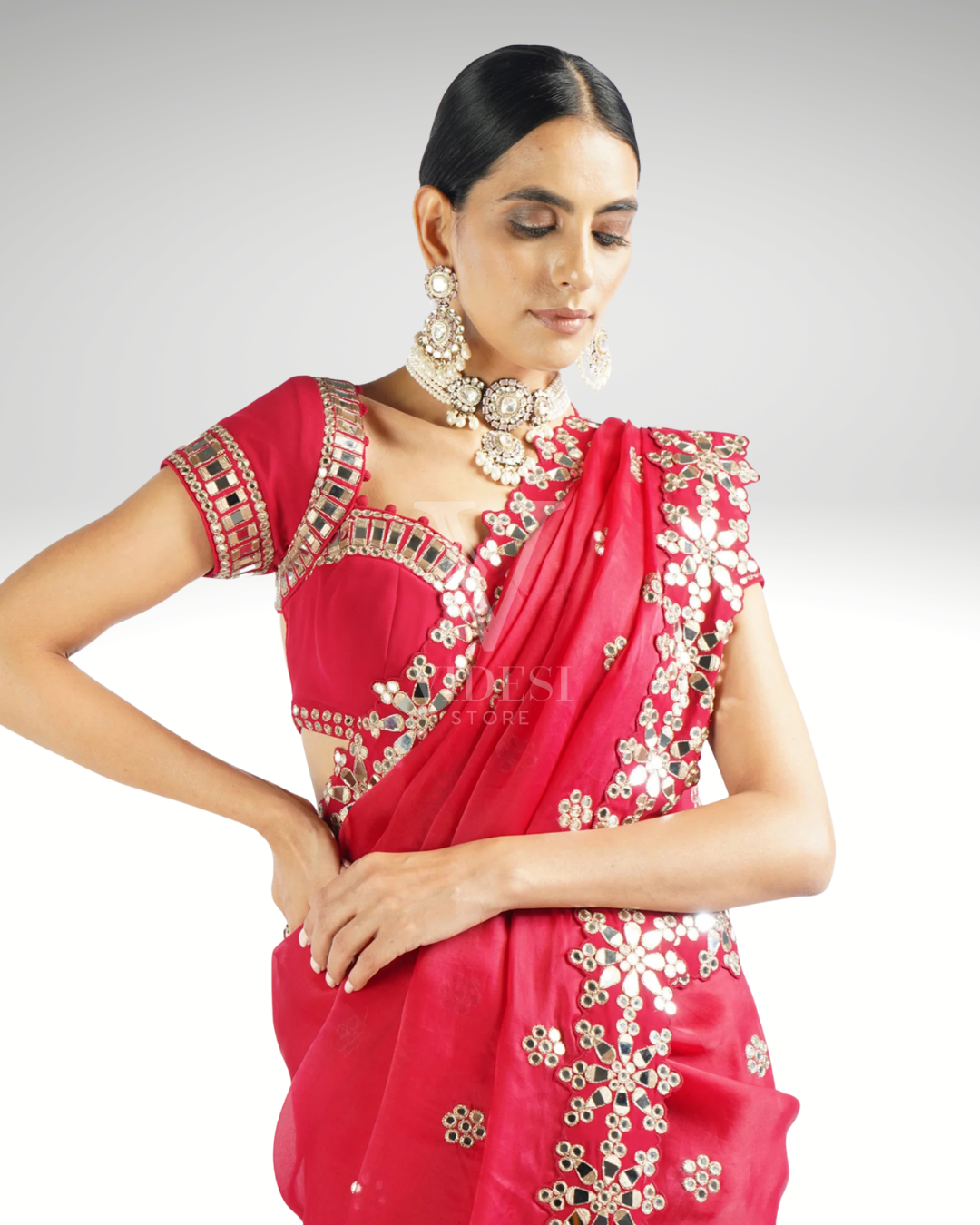 Ismini Ismini Classic Red Georgette Mirror Work Saree