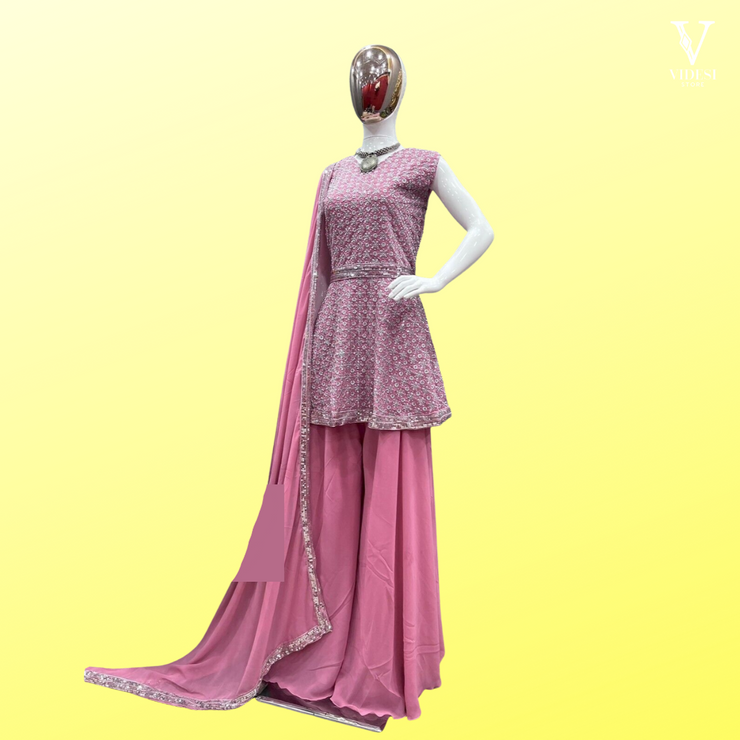 Jewel Blushing Pink Heavy Embroidered Sequined Faux Georgette Suit