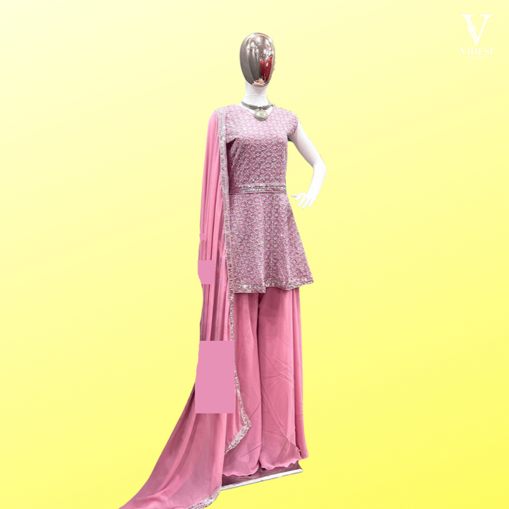 Jewel Blushing Pink Heavy Embroidered Sequined Faux Georgette Suit