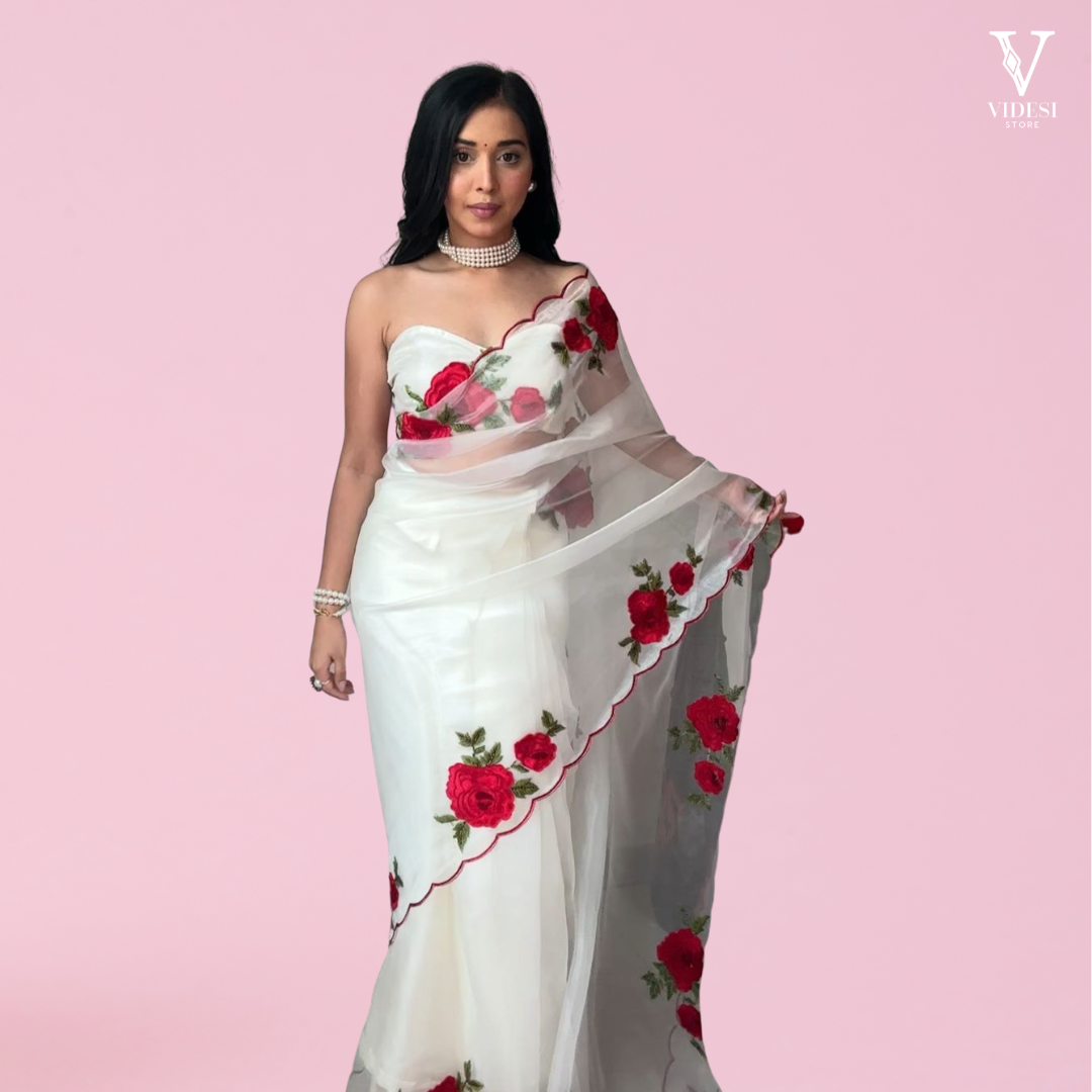 Julia Soft Floral Tabby Silk With Thread Work Saree