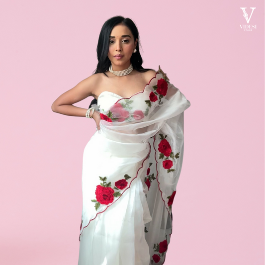 Julia Soft Floral Tabby Silk With Thread Work Saree