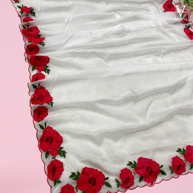Julia Soft Floral Tabby Silk With Thread Work Saree
