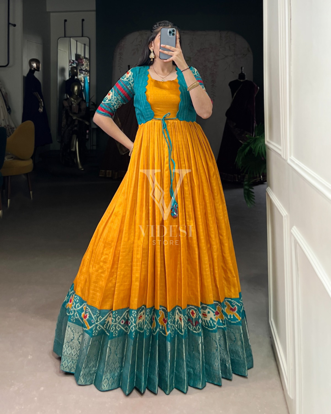 Julianne Patola Printed Weaved Tasar Chex Koti Gown