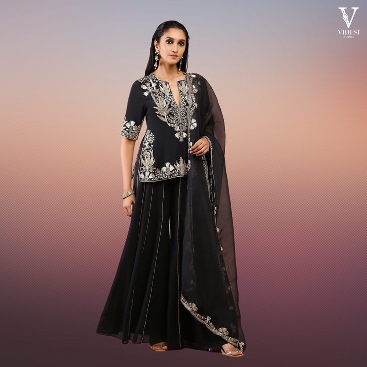 Julieta Elegant Black Embroidered Faux Georgette Kurta and Sharara with Dupatta