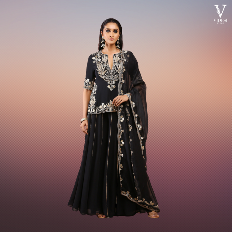 Julieta Elegant Black Embroidered Faux Georgette Kurta and Sharara with Dupatta