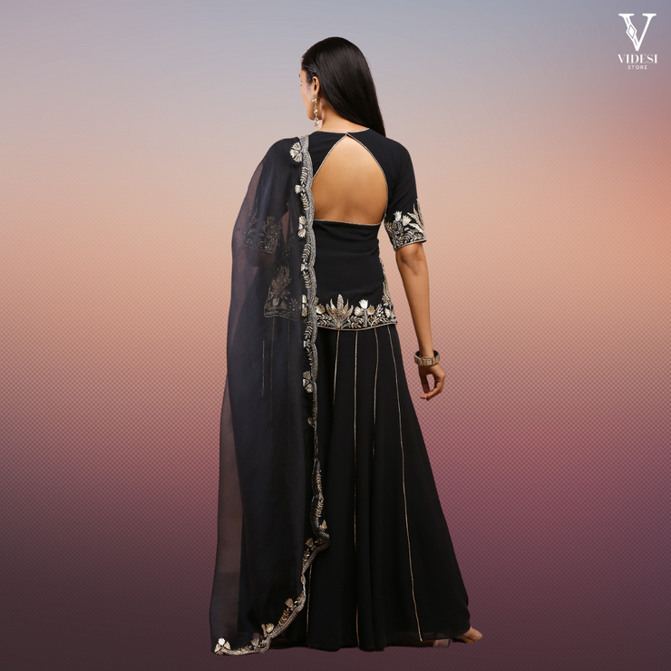 Julieta Elegant Black Embroidered Faux Georgette Kurta and Sharara with Dupatta