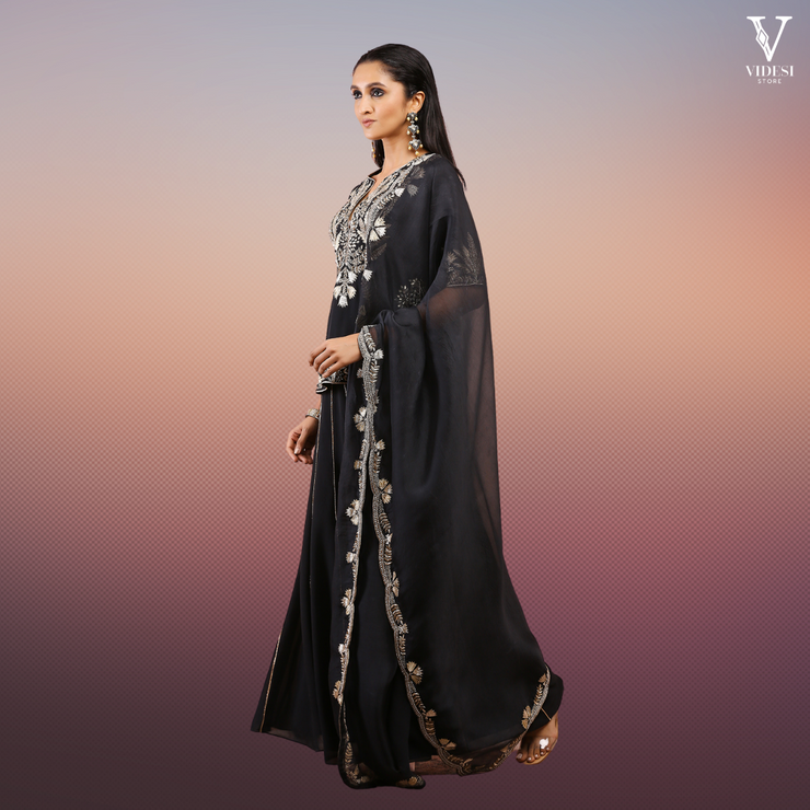 Julieta Elegant Black Embroidered Faux Georgette Kurta and Sharara with Dupatta