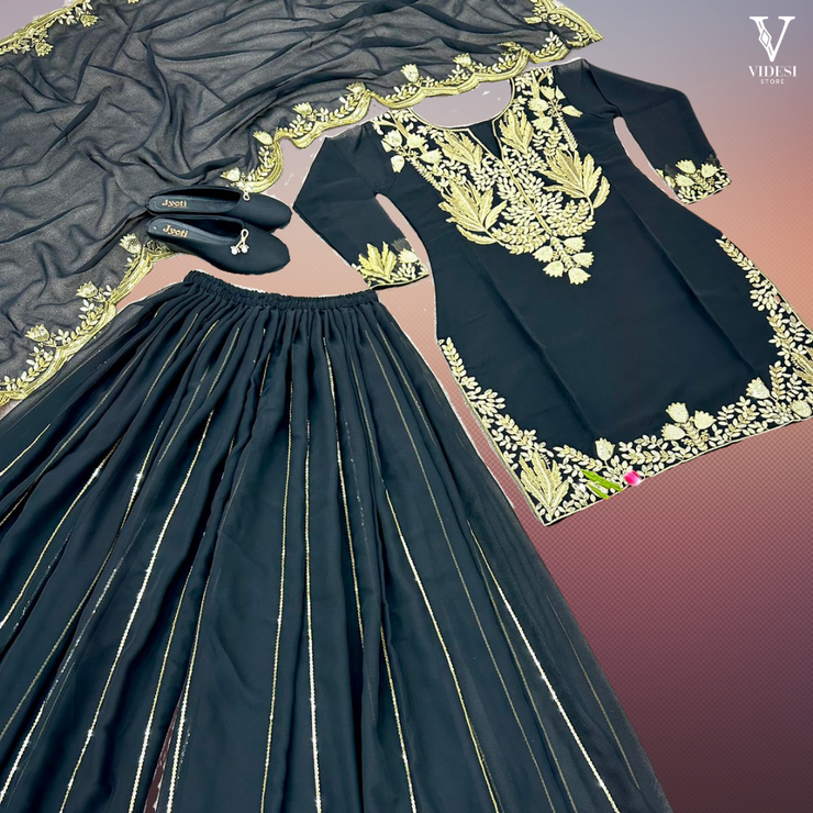 Julieta Elegant Black Embroidered Faux Georgette Kurta and Sharara with Dupatta