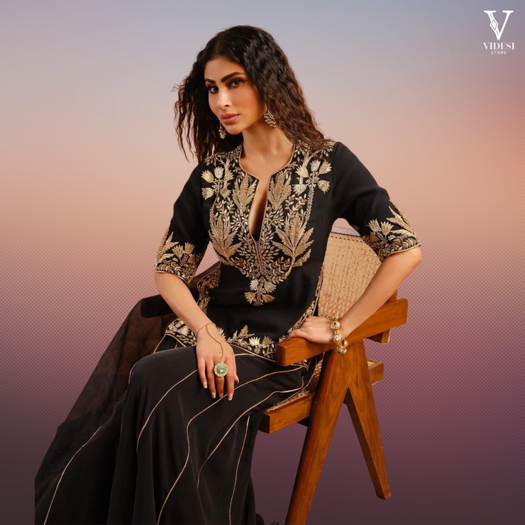 Julieta Elegant Black Embroidered Faux Georgette Kurta and Sharara with Dupatta