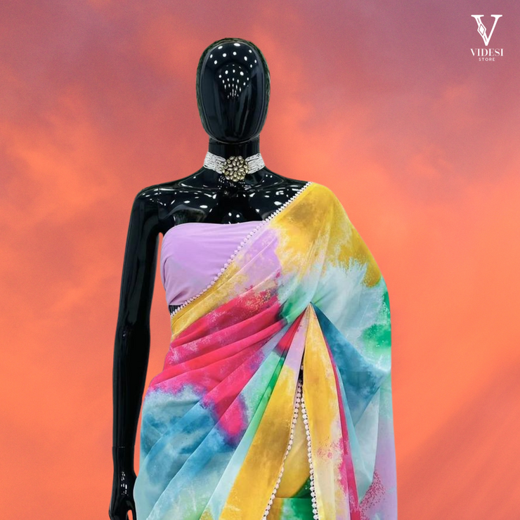 Kate Sleek Digital Printed Faux Georgette With Lace Border Saree