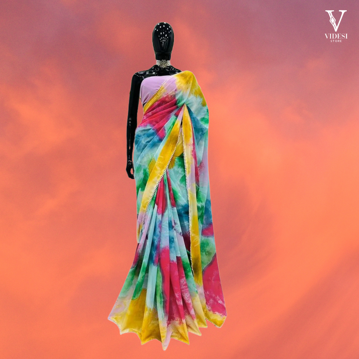 Kate Sleek Digital Printed Faux Georgette With Lace Border Saree