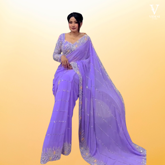 Kathryn Vibrant Purple Sequined Embroidered Faux Georgette Saree