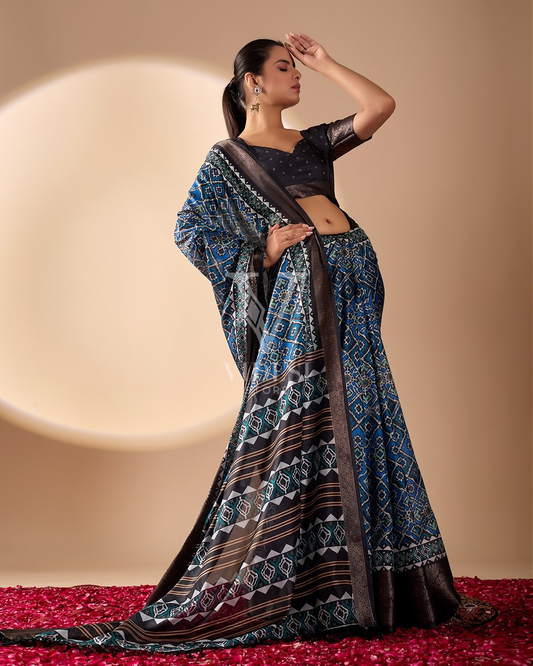 Kora Sophisticated Digital Printed Ethnic Geometric Lichi Silk Saree