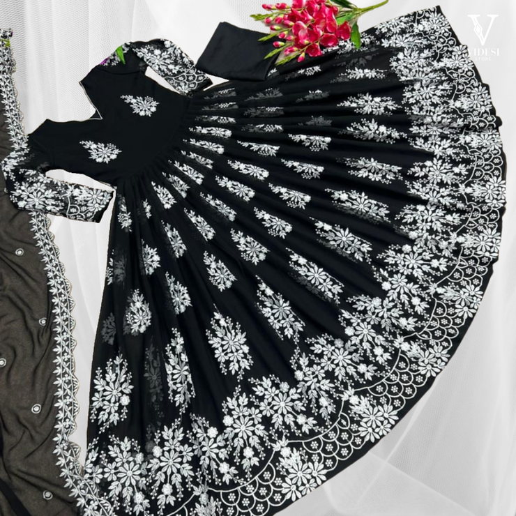 Larsa Refined Heavy Embroidered Faux Georgette Gown With Micro Cotton Bottom