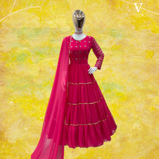 Leticia Charming Pink Embroidered Heavy Faux Georgette Gown with Dupatta