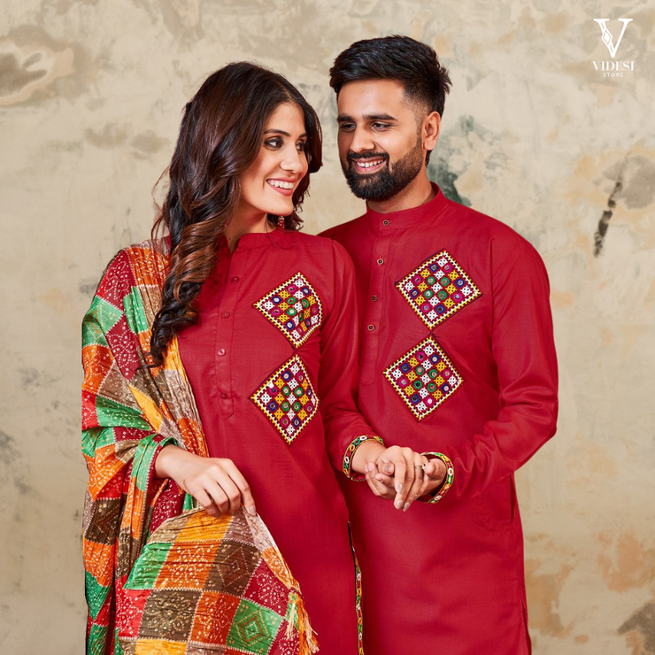 Loren Matching Embroidered Cotton Kurti Set For Men and Women