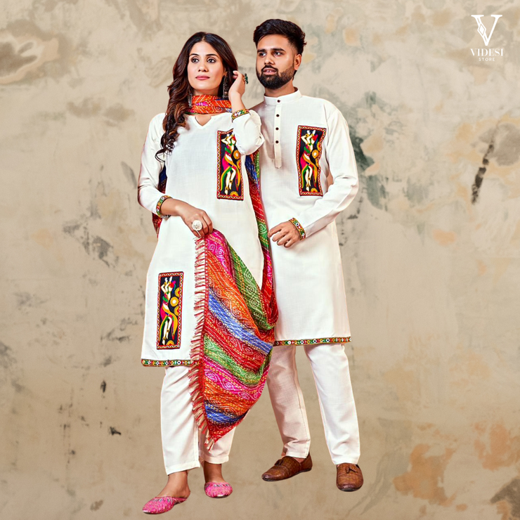 Loren Matching Embroidered Cotton Kurti Set For Men and Women